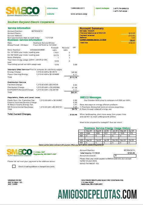 imprimível Modelo de conta de serviços públicos SMECO dos EUA Maryland em formatos Word e PDF